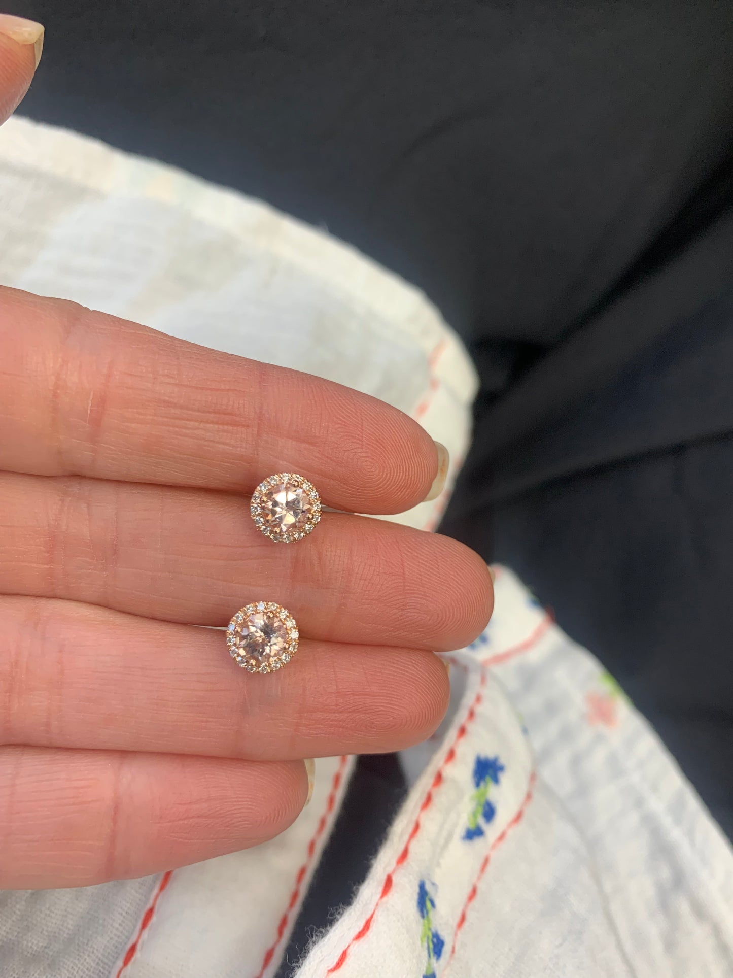 Morganite and Diamond Halo Stud Earrings.