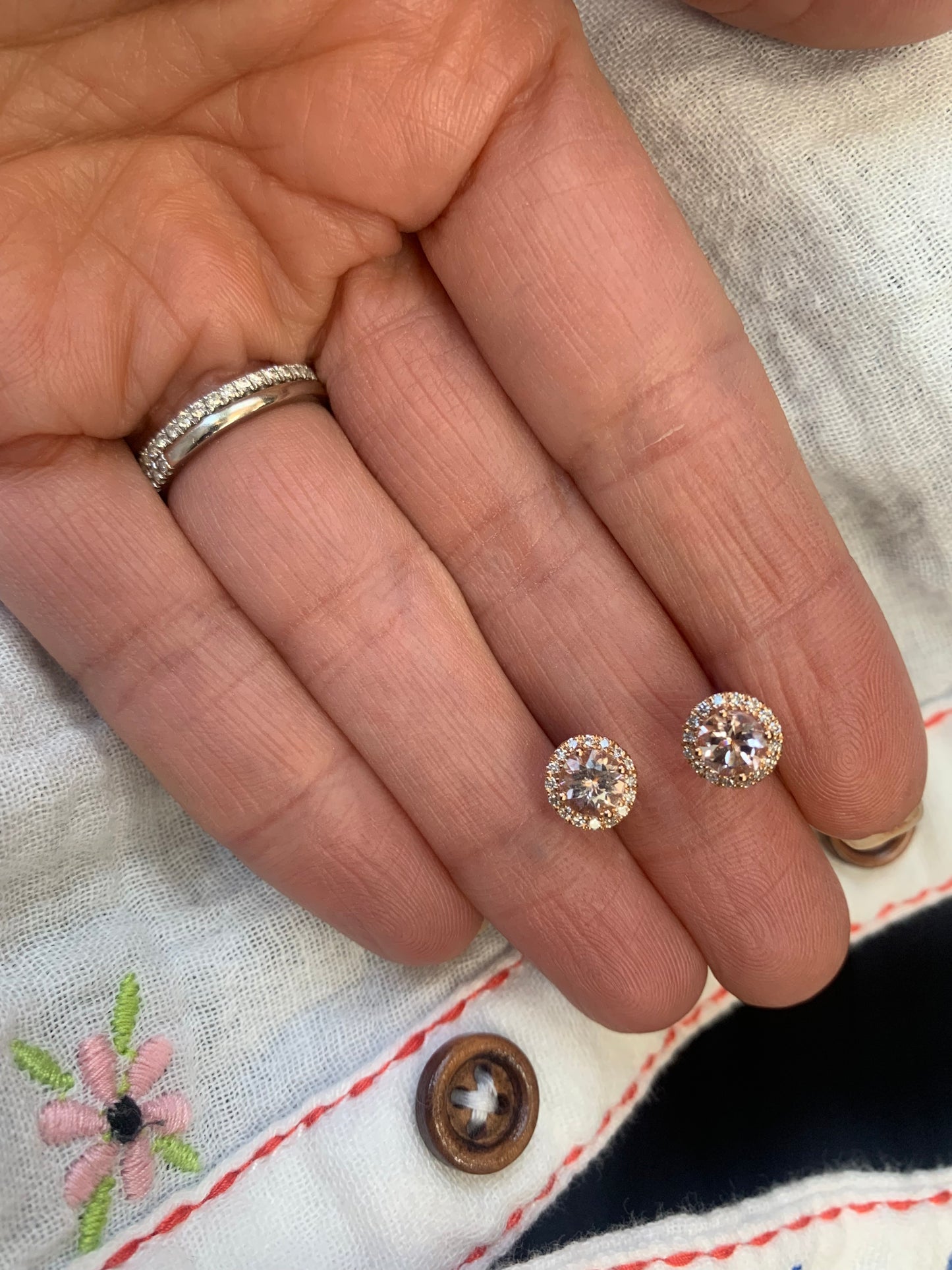 Morganite and Diamond Halo Stud Earrings.