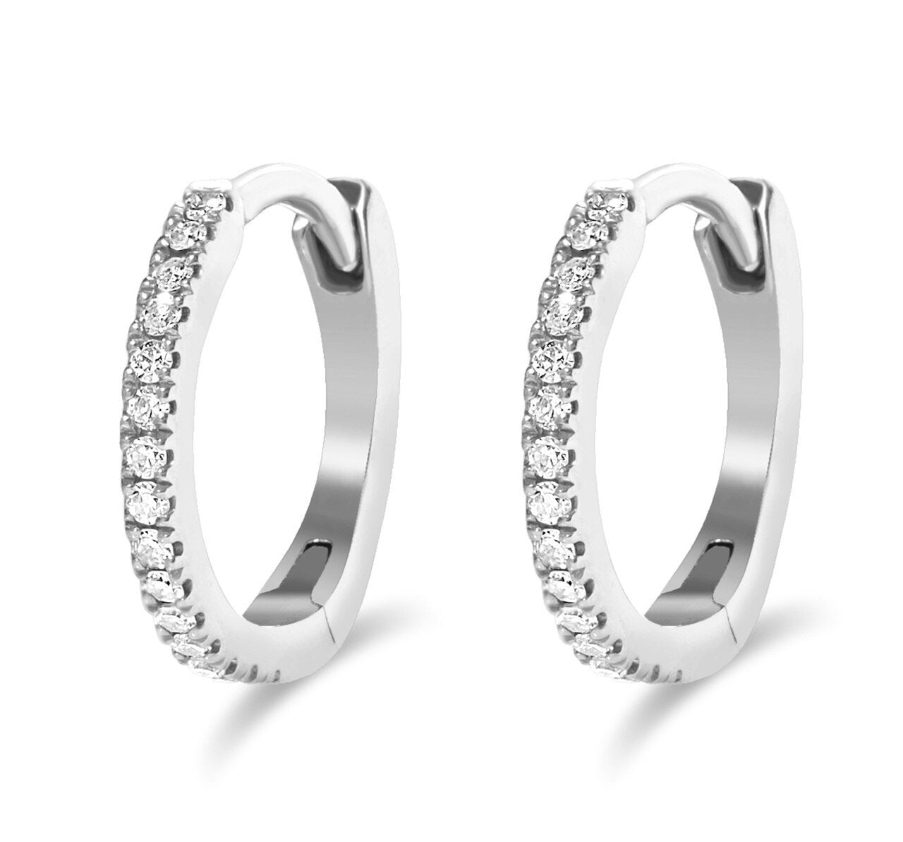 14K Gold Mini Diamond Hoops - White