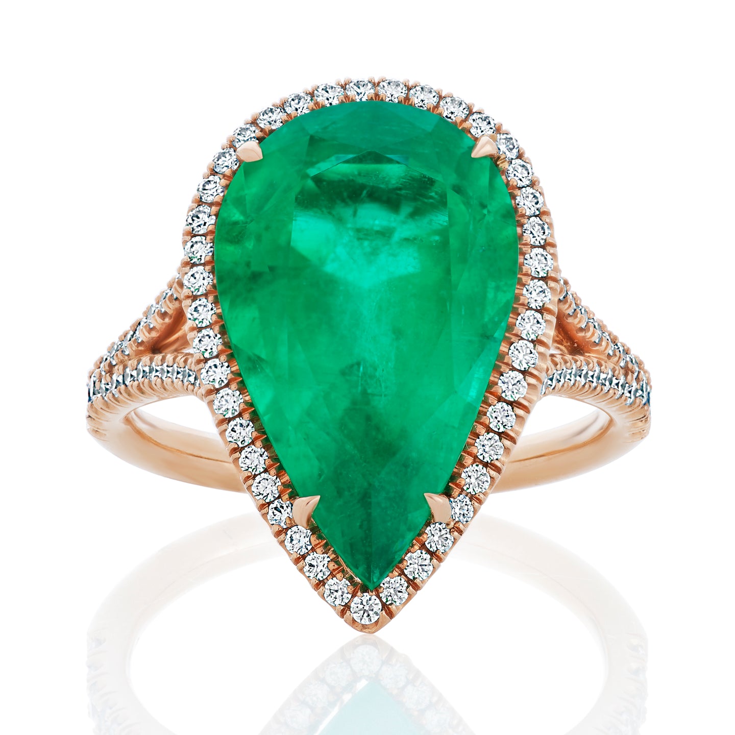 Green Emerald Pear and Diamond Halo Ring