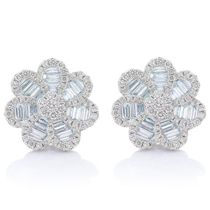 Baguette and Round Diamond Large Flower Earrings