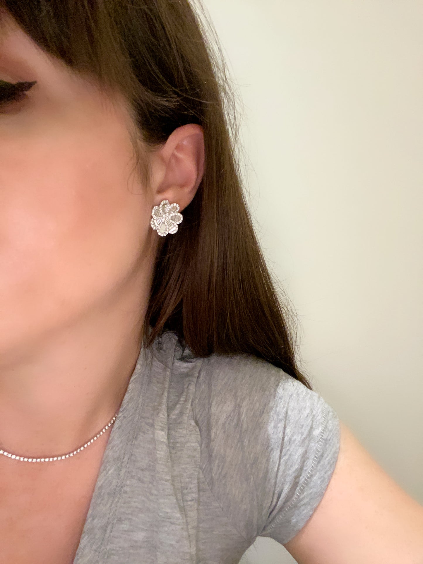 Baguette and Round Diamond Large Flower Earrings - Two