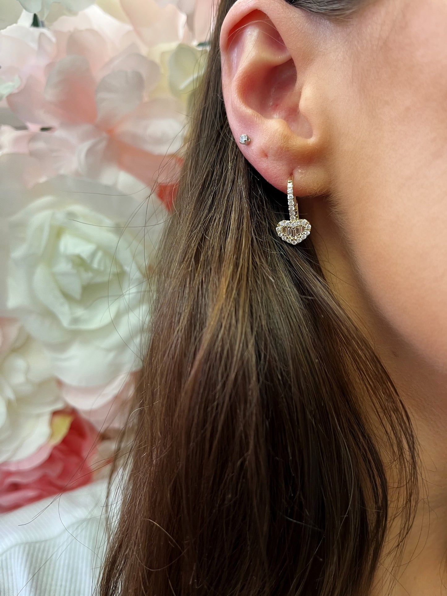 Baguette and Round Diamond Heart Earrings