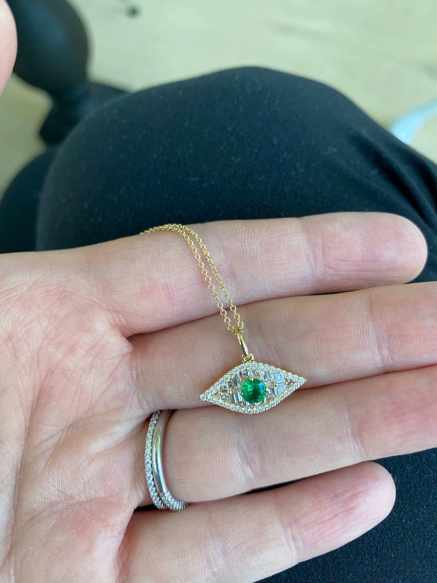 Large Diamond and Green Emerald Evil Eye Pendant 3