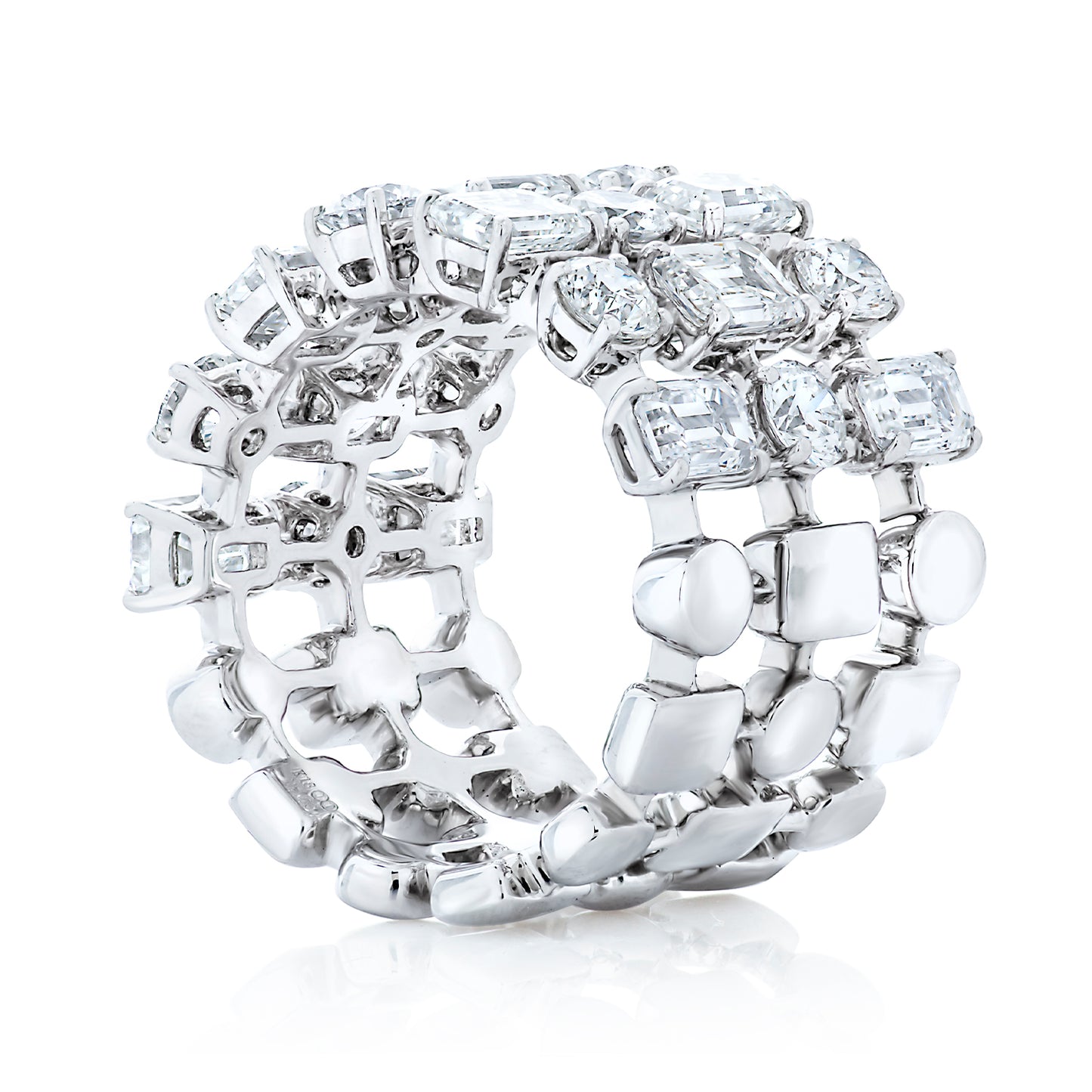 Three Row Emerald Cut and Round Shape Diamond Band - Two