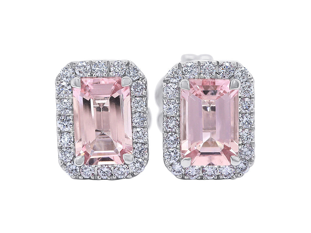 Emerald Cut Morganite and Round Diamond Halo Studs