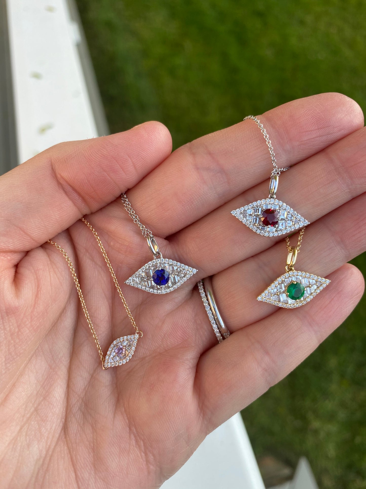 Large Diamond and Green Emerald Evil Eye Pendant 2