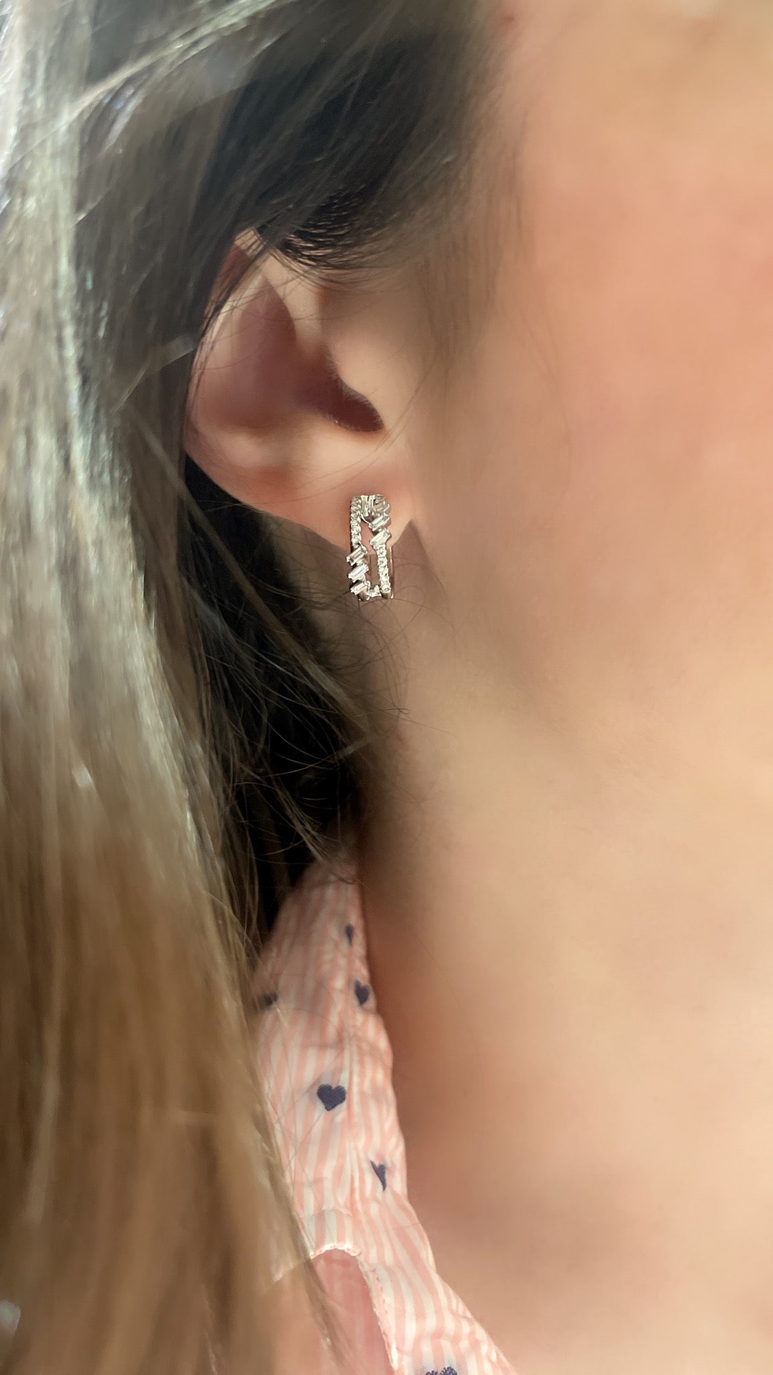 Double Row Baguette and Round Diamond Huggie Earrings 2