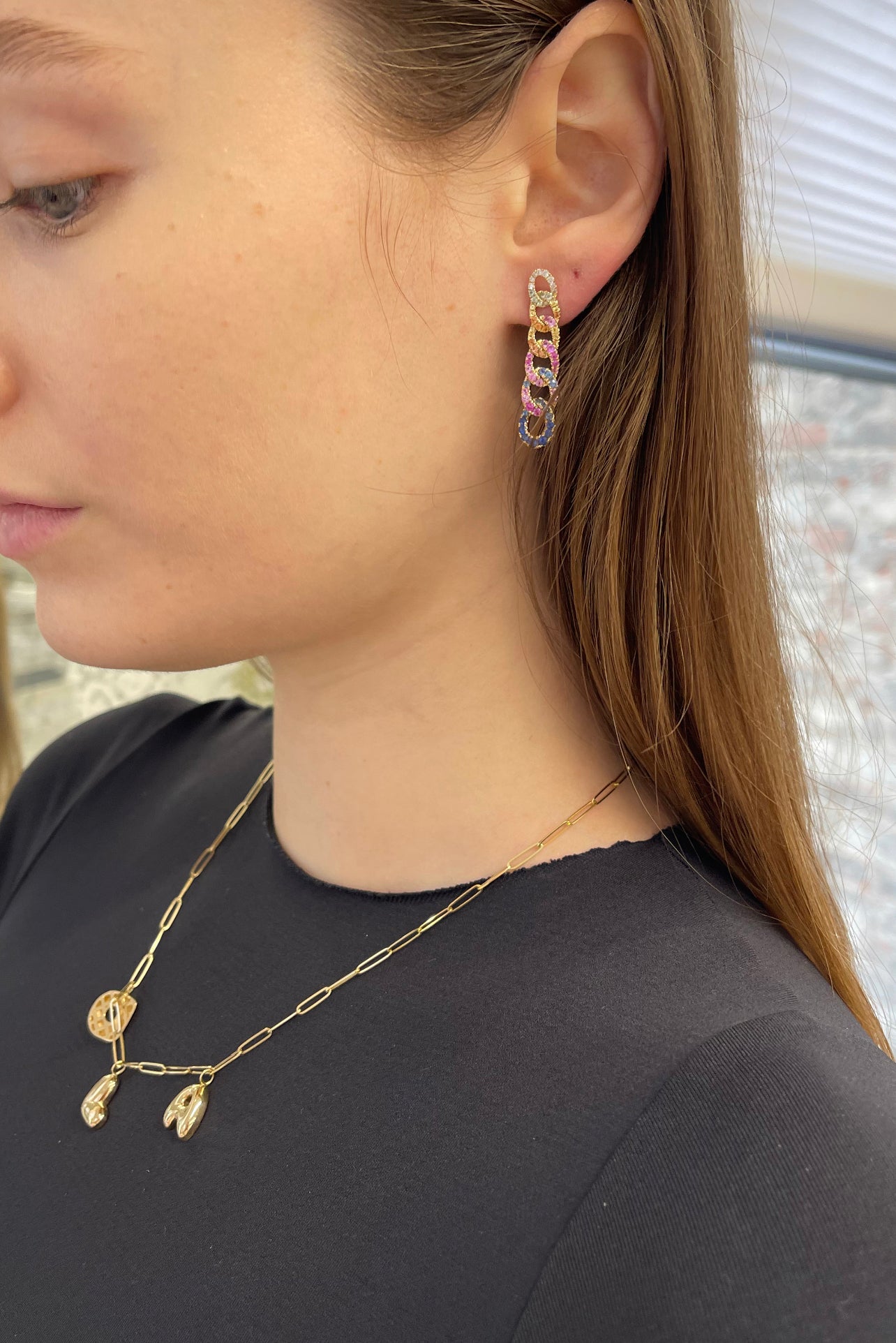 Multi Color and Diamond Chain Link Earrings 3