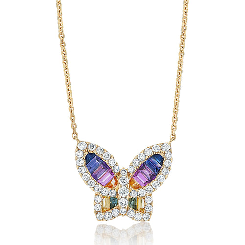 Large Rainbow Sapphire and Diamond Butterfly Pendant
