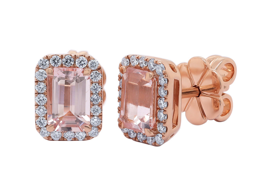 Emerald Cut Morganite and Round Diamond Halo Studs - Rose 2