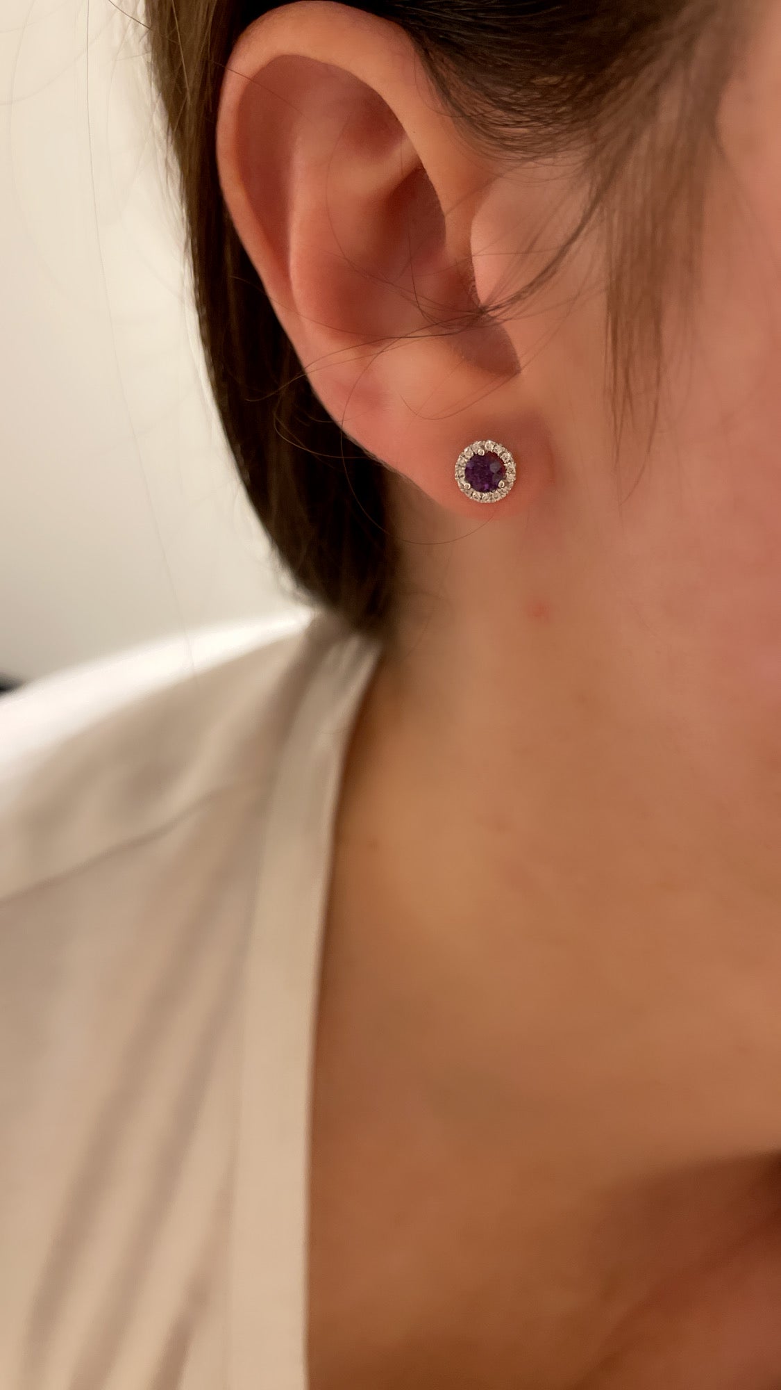 Petite Amethyst Diamond Halo Stud Earrings - Two