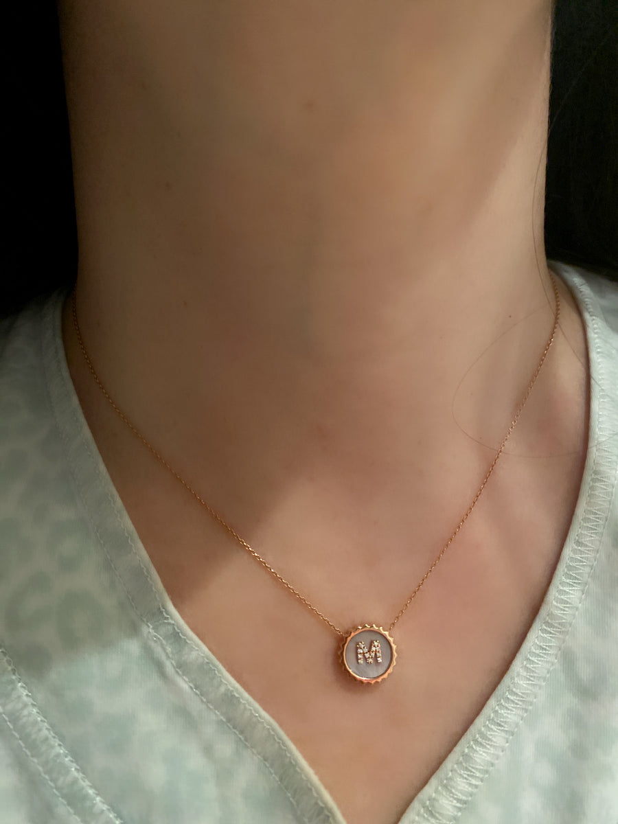 Medium Diamond Initial Mother of Pearl Sun Pendant 14K Rose / 17-18 / 2