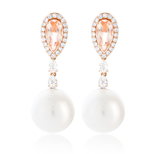 Morganite Diamond Pearl Drop Earrings