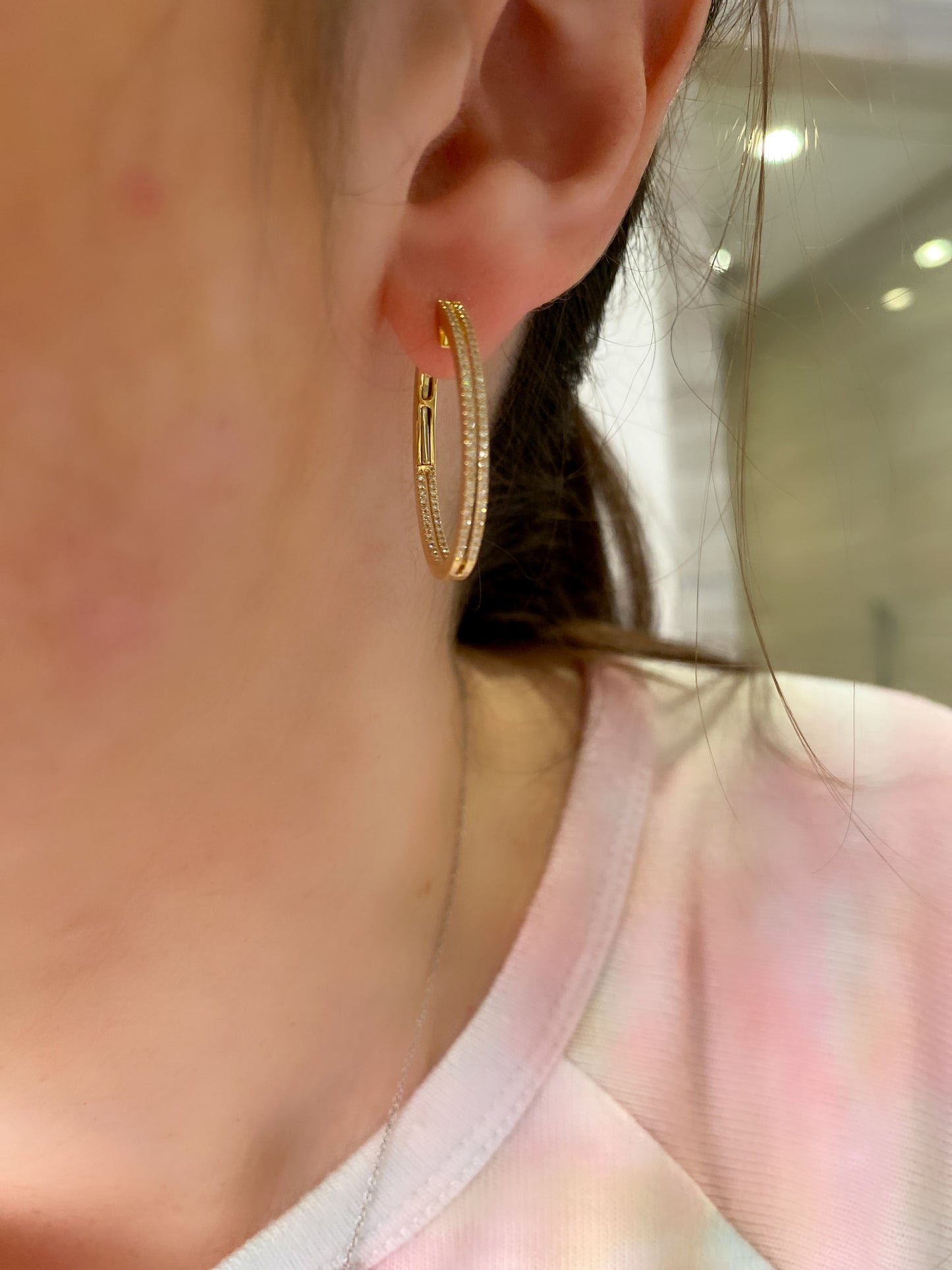 Large Oval Double Row Diamond Hoop Earrings. - Two