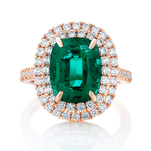 Double Diamond Halo Green Emerald Cushion Ring
