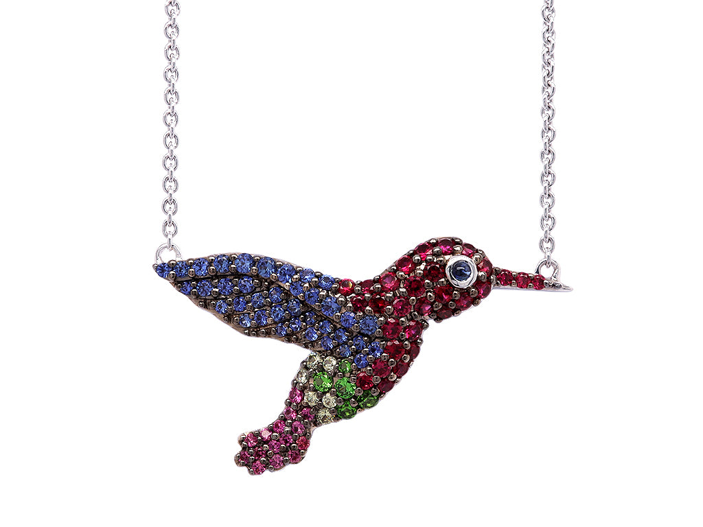 Large Multi Sapphire Hummingbird Pendant - Close up