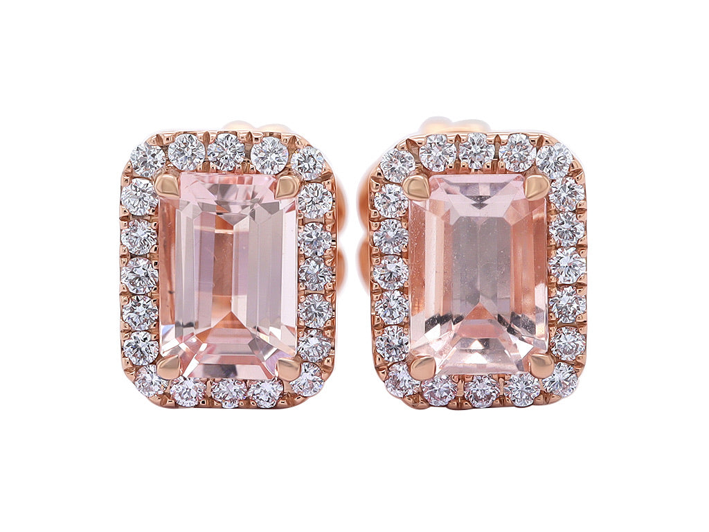 Emerald Cut Morganite and Round Diamond Halo Studs - Rose