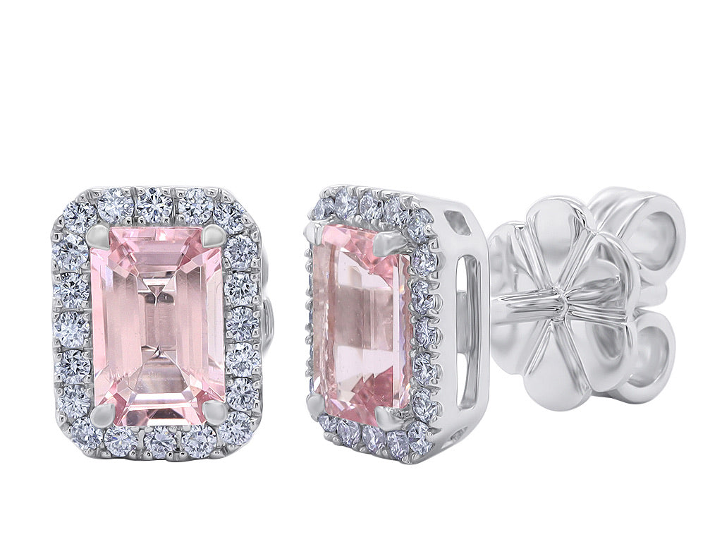 Emerald Cut Morganite and Round Diamond Halo Studs - White