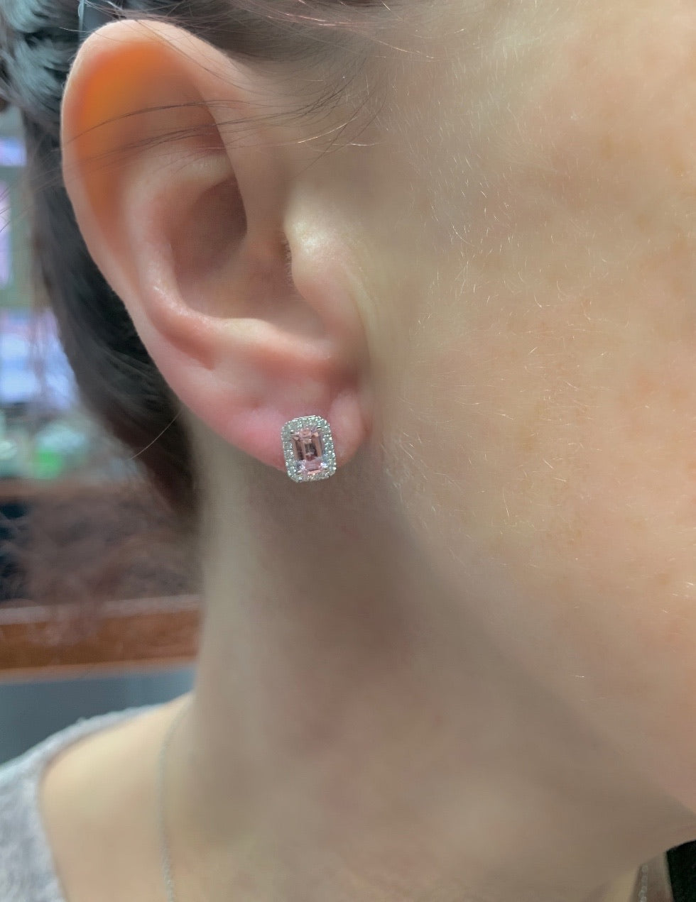 Emerald Cut Morganite and Round Diamond Halo Studs 2