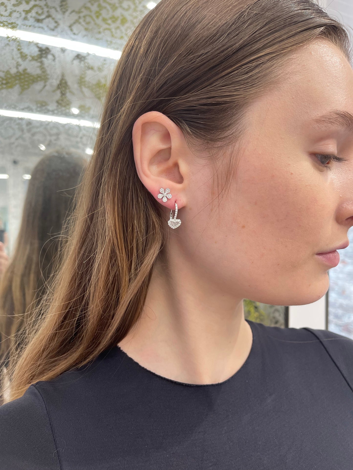 Baguette and Round Diamond Heart Earrings 7