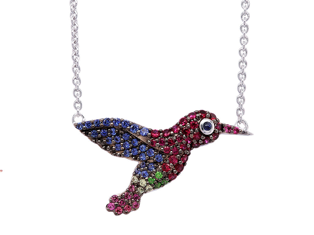 Medium Multi-Sapphire Hummingbird Pendant - Close up