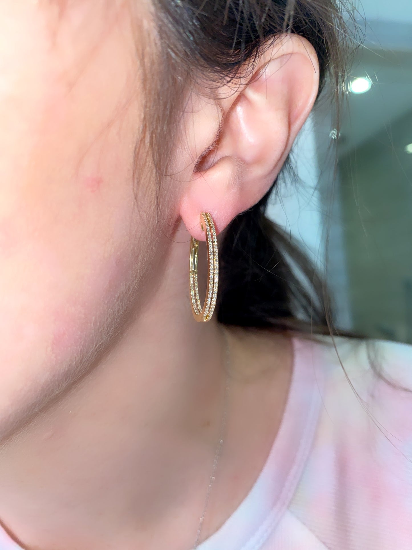 Large Oval Double Row Diamond Hoop Earrings. - Three