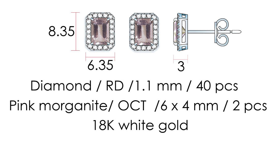 Emerald Cut Morganite and Round Diamond Halo Studs - Measurements