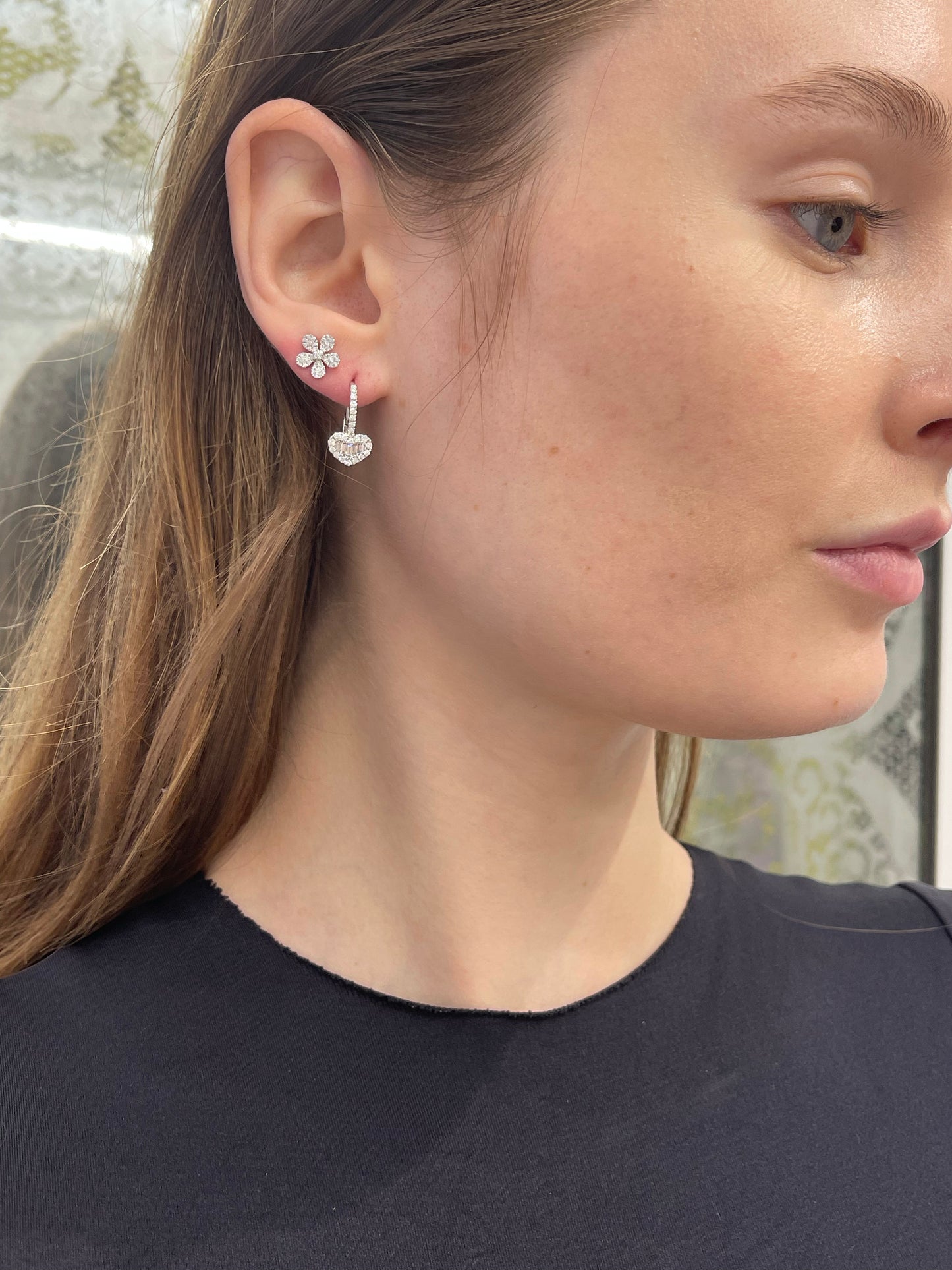 Baguette and Round Diamond Heart Earrings 8