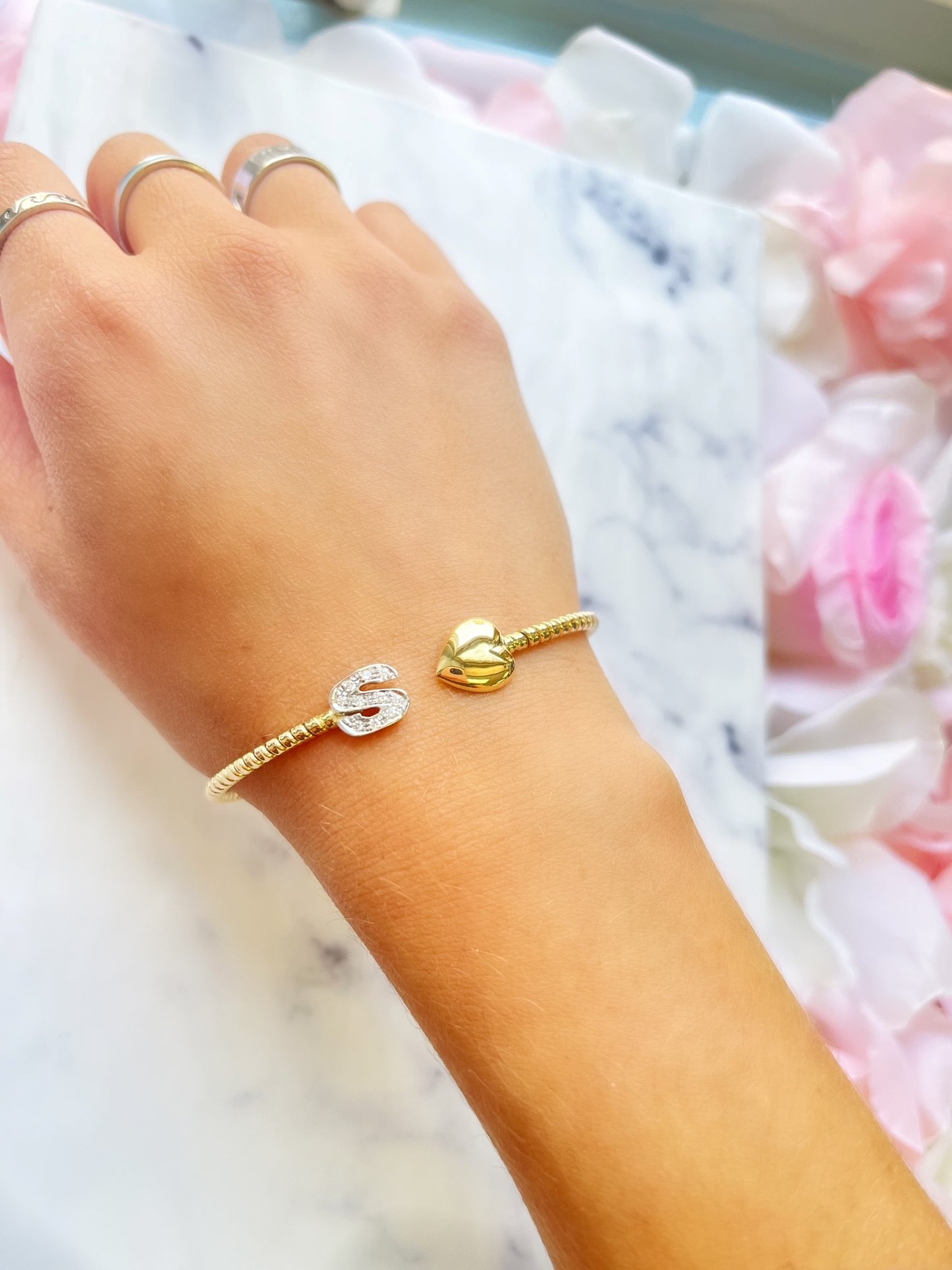 Diamond Initial and Heart Flex Bracelet