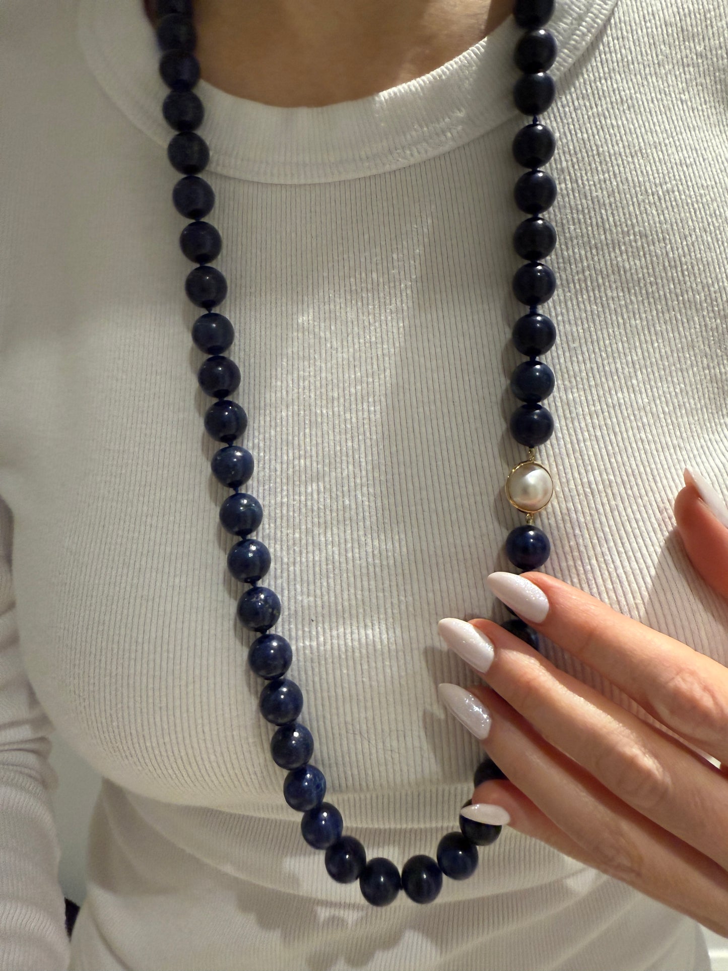 Estate Yellow Gold Lapis and Mabe Pearl Necklace