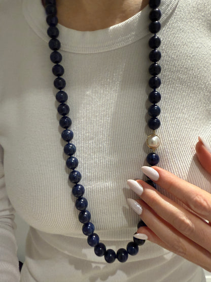 Estate Yellow Gold Lapis and Mabe Pearl Necklace