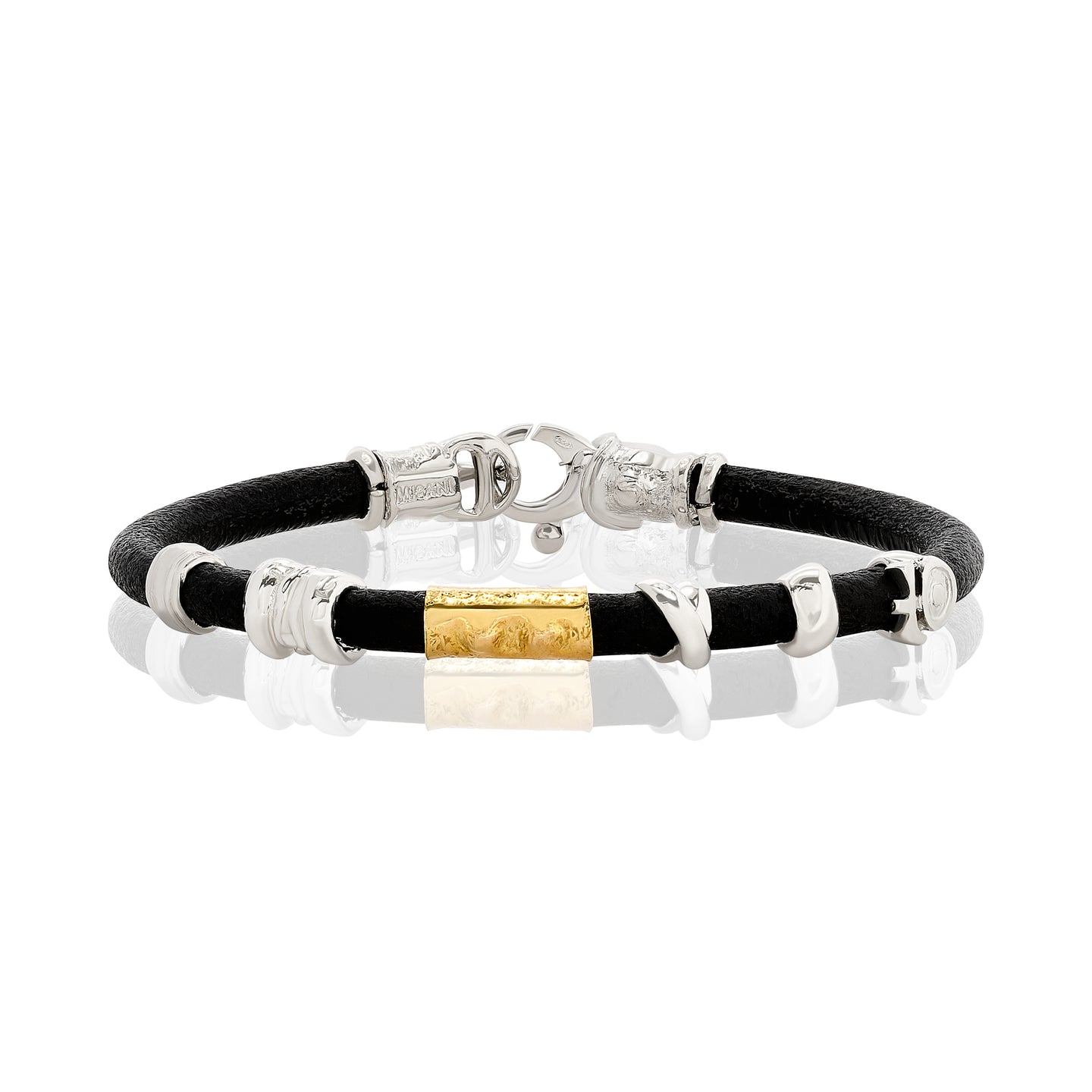 Gents Yellow Gold and Silver Leather Bracelet