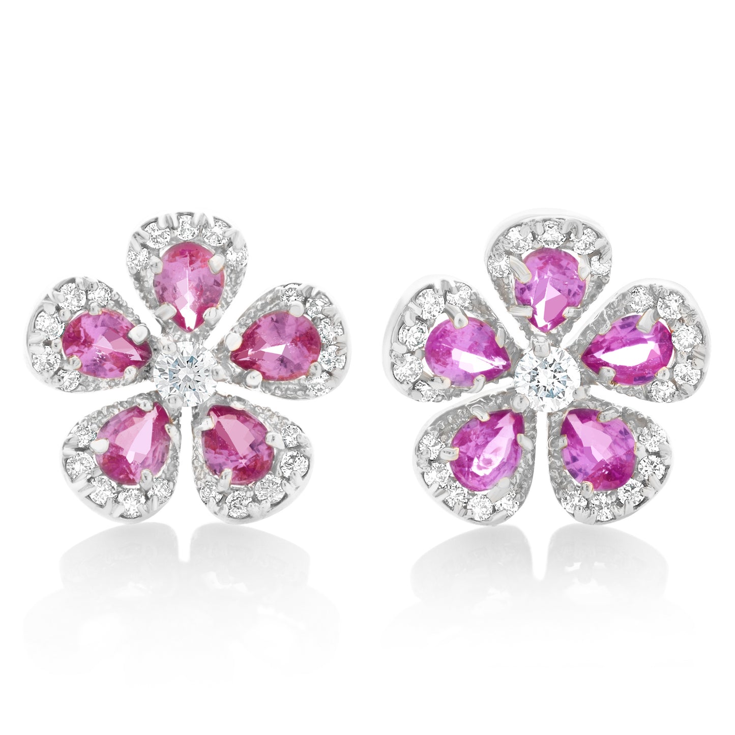 Pink Sapphire Rose Cut and Diamond Flower Earrings