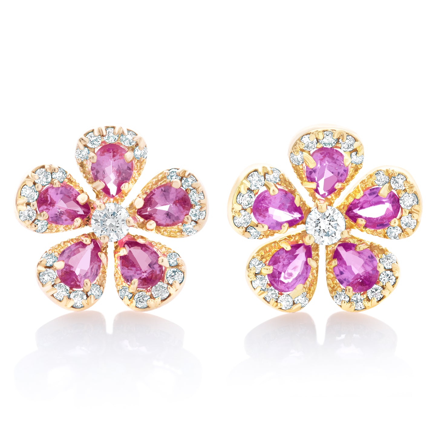 Pink Sapphire Rose Cut and Diamond Flower Earrings