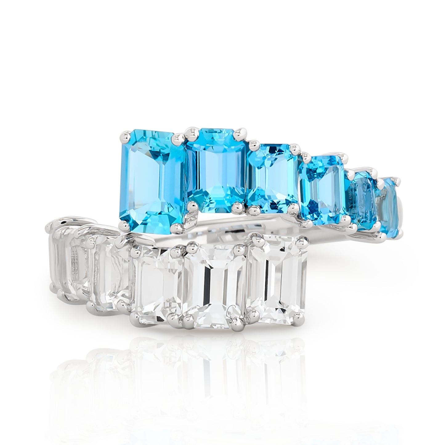 Emerald Cut Aquamarine and White Topaz Bypass Ring