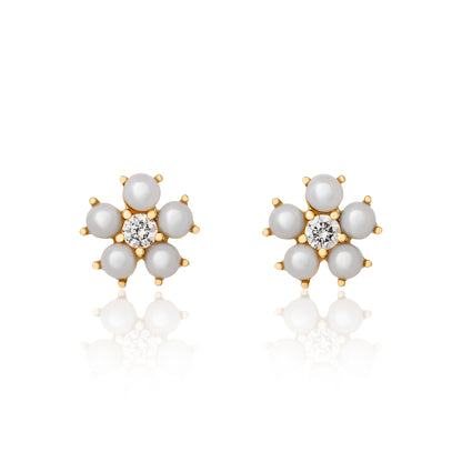 Petite Pearl and Diamond Flower Stud Earrings