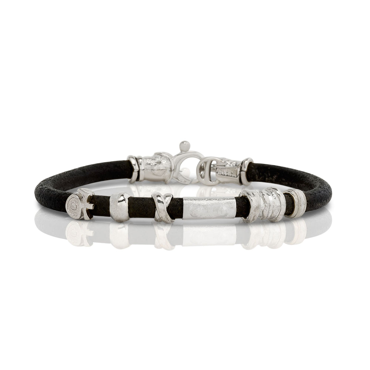 Mens White Gold and Silver Leather Bracelet