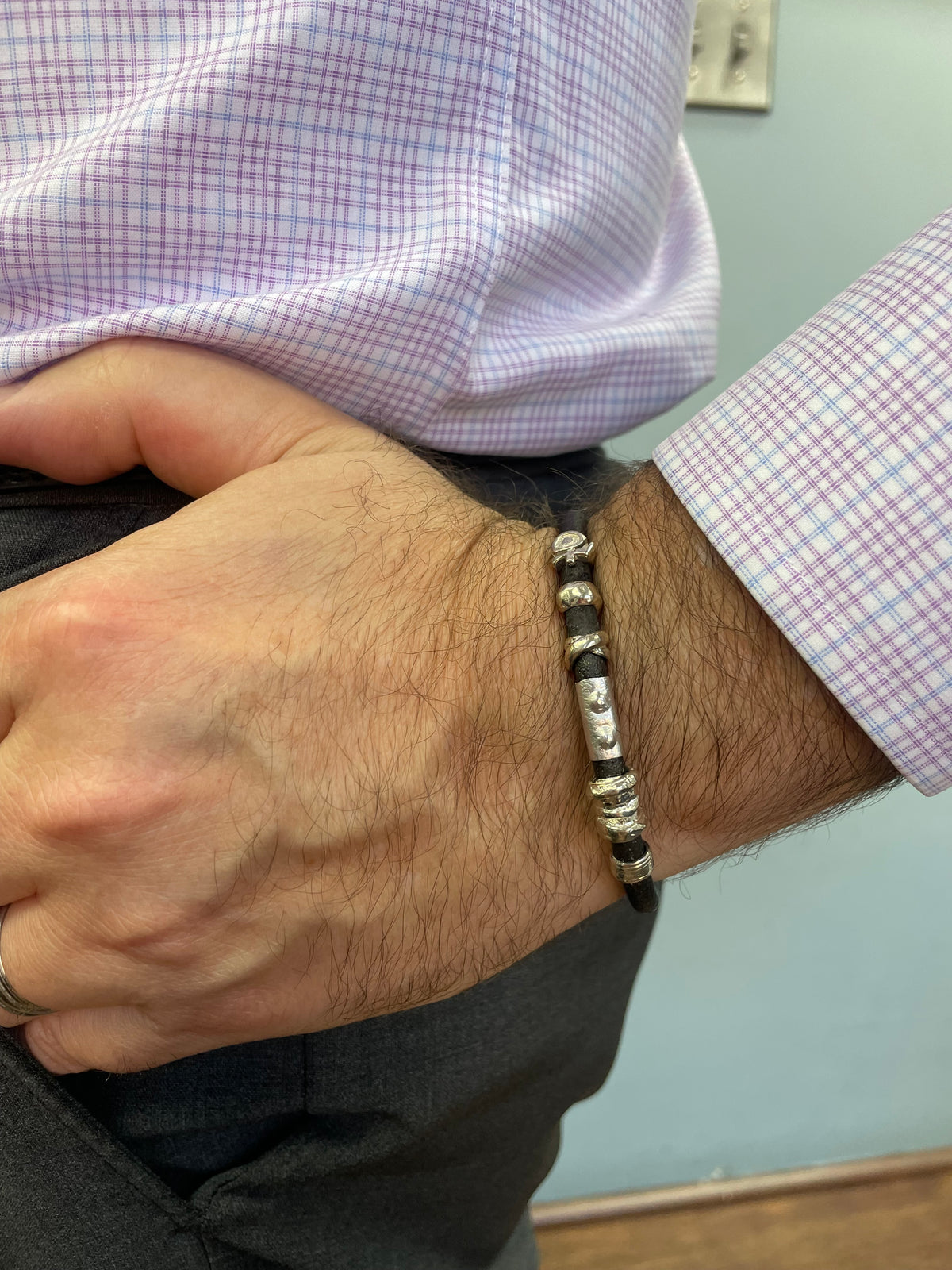Mens White Gold and Silver Leather Bracelet