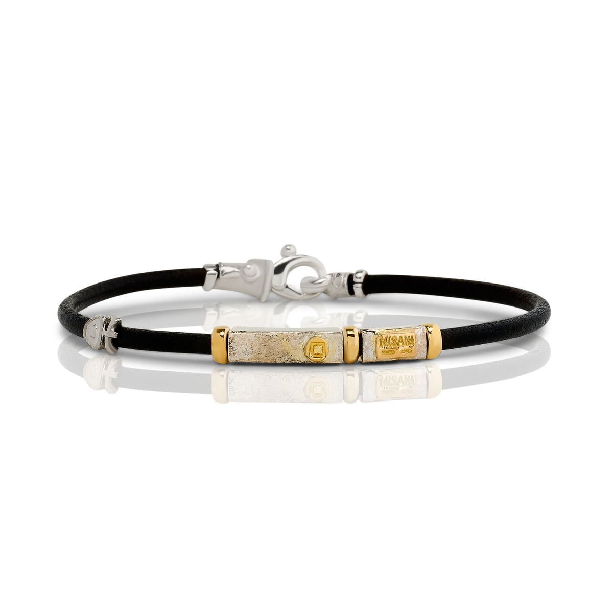 Mens Yellow Gold and Silver Leather Bracelet