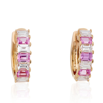 Alternating Pink Sapphire and Diamond Hoop Huggie Earrings