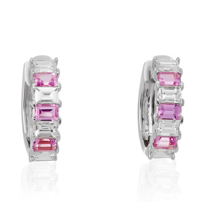 Alternating Pink Sapphire and Diamond Hoop Huggie Earrings