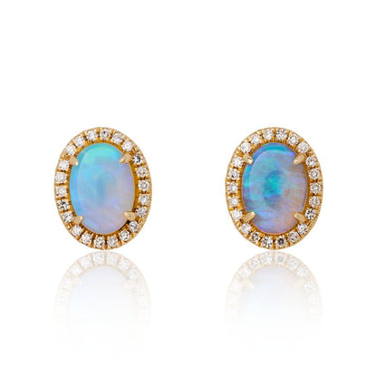 Oval Shape Opal Diamond Halo Stud Earrings