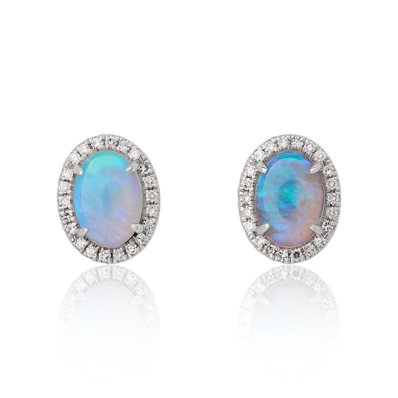 Oval Shape Opal Diamond Halo Stud Earrings