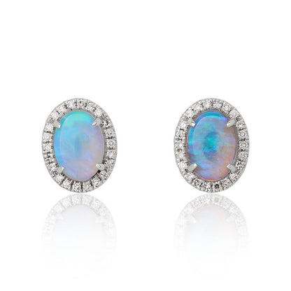 Oval Shape Opal Diamond Halo Stud Earrings