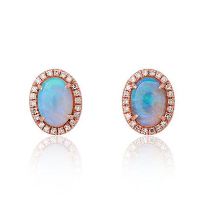 Oval Shape Opal Diamond Halo Stud Earrings