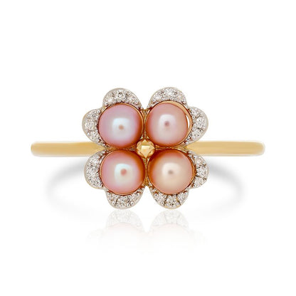 Pink Pearl and Diamond Clover Ring