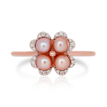 Pink Pearl and Diamond Clover Ring