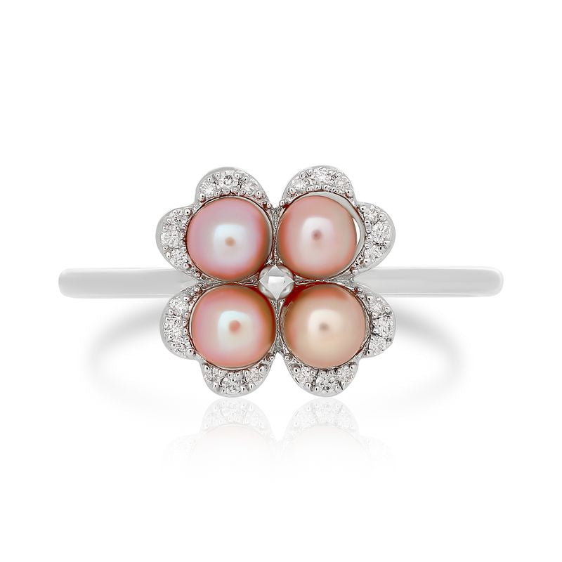 Pink Pearl and Diamond Clover Ring