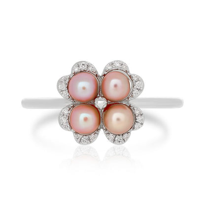 Pink Pearl and Diamond Clover Ring